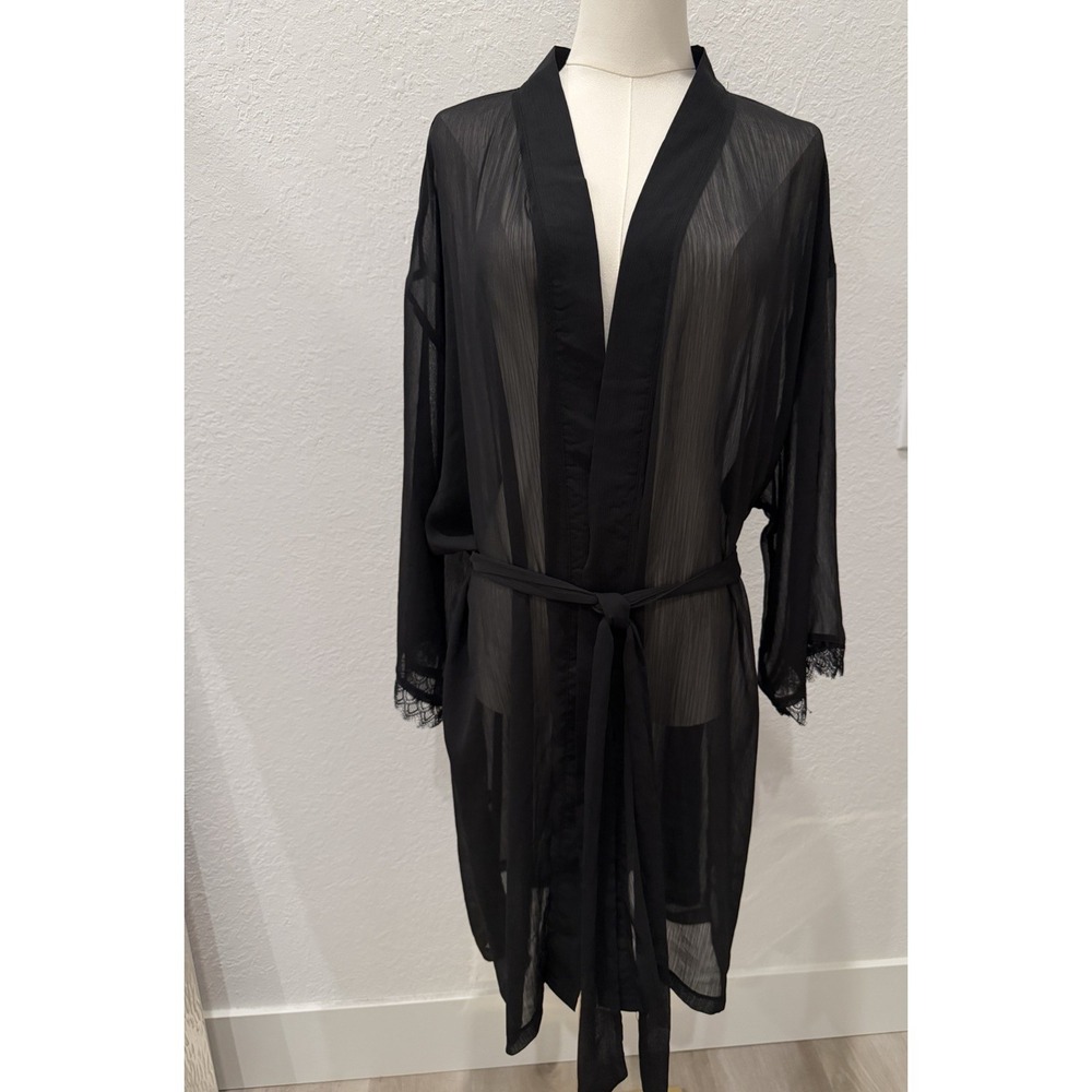 Bluebella Black Sheer Kimono Whimsigoth Robe Lace Trim Boudoir Lingerie Coverup